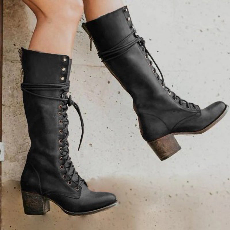 Buty Zimowe Damskie Kozak Kolana Sznurowane | Gruby Obcas Zamek Boczny