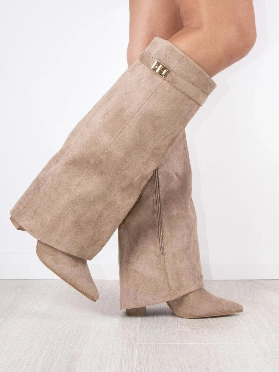 Buty Zimowe Damskie Kozaki Do Kolana Z Rozszerzaną Cholewką | Obcas Słupek Szpiczasty Nosek