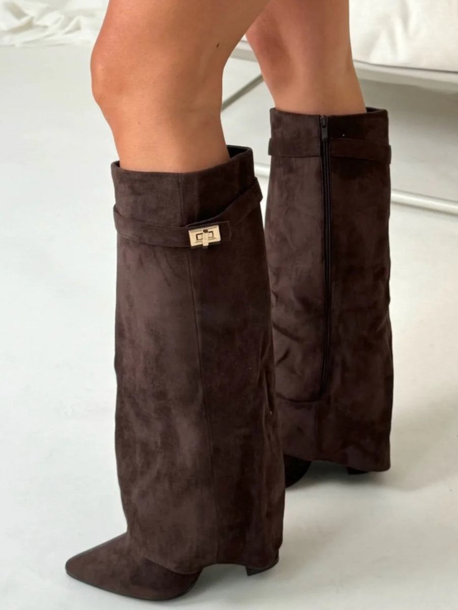 Buty Zimowe Damskie Kozaki Do Kolana Z Rozszerzaną Cholewką | Obcas Słupek Szpiczasty Nosek
