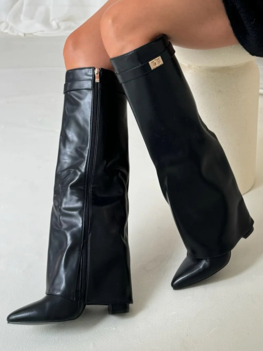 Buty Zimowe Damskie Kozaki Do Kolana Z Rozszerzaną Cholewką | Obcas Słupek Szpiczasty Nosek