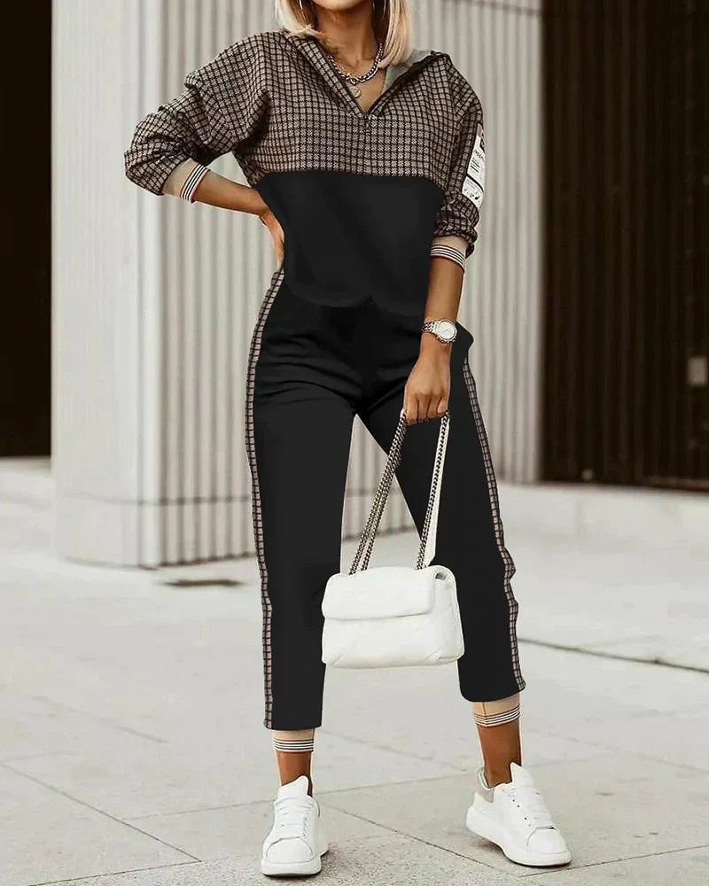 Komplety Dresowe Damskie Wzorzysty Zestaw Bluza Z Dekoltem V I Spodnie Jogger | Styl Na Co Dzień