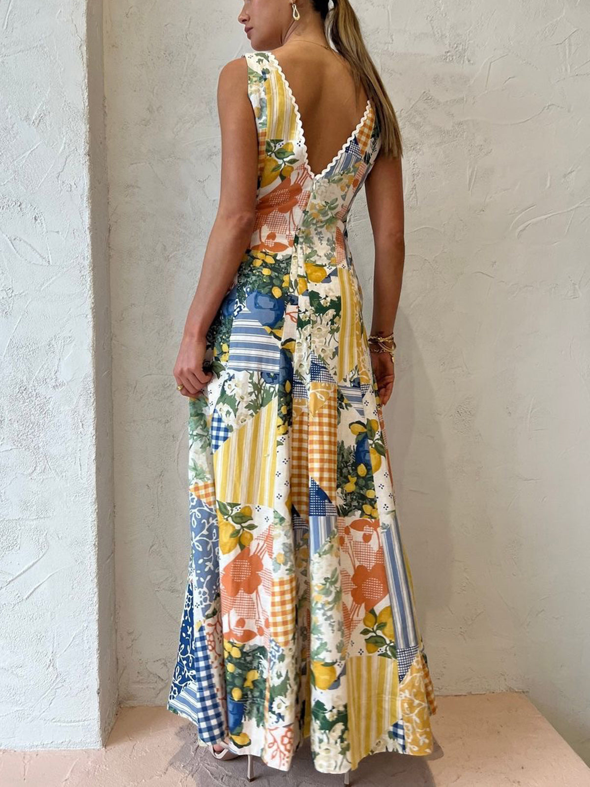 Damska Sukienka Maxi Boho Patchwork Z Głębokim Dekoltem W Serek I Odkrytymi Plecami