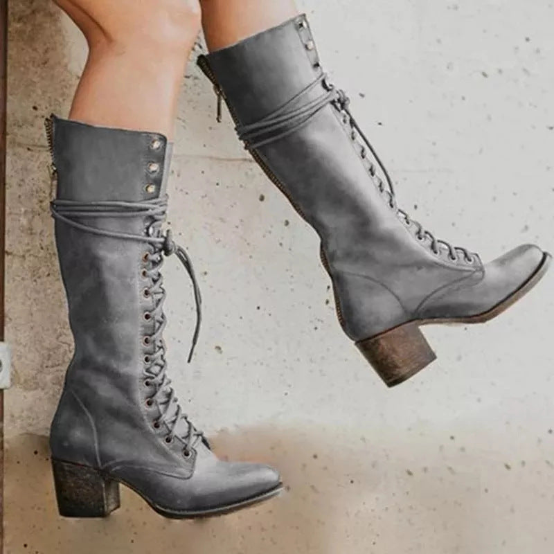 Buty Zimowe Damskie Kozak Kolana Sznurowane | Gruby Obcas Zamek Boczny