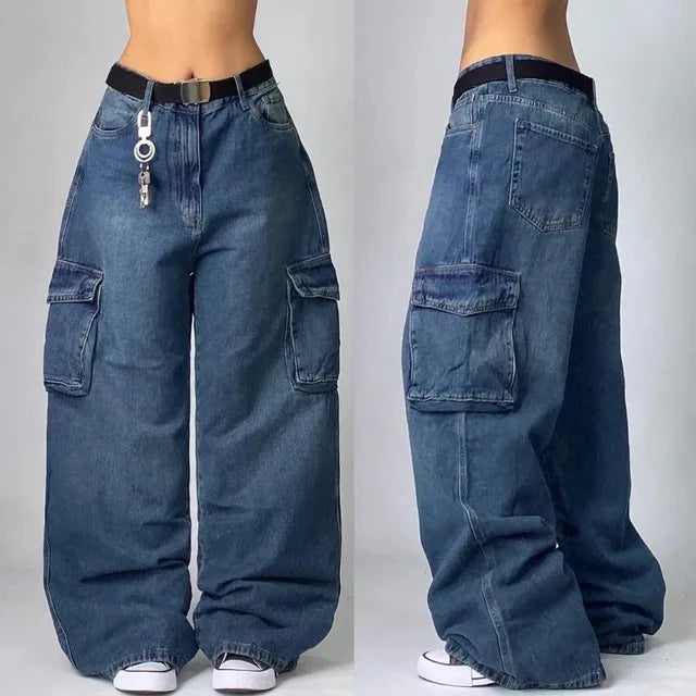 Denimu jeansy cargo szeroka nogawka