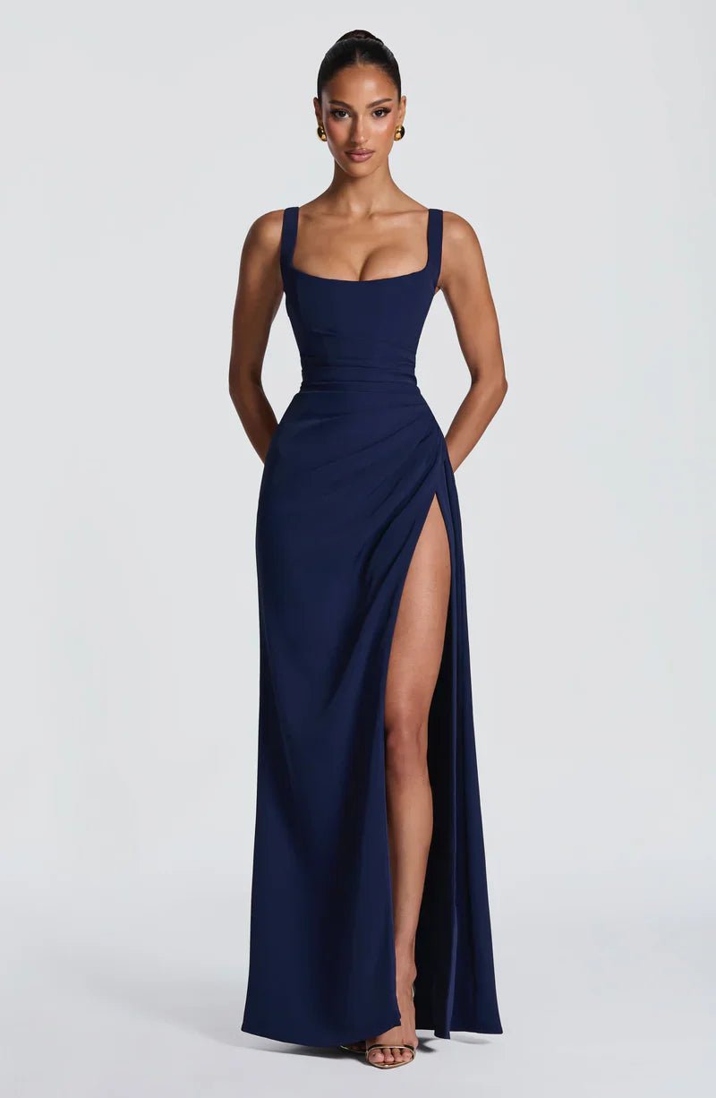 Elegancka sukienka maxi damska gorsetowa z rozcięciem - Gemma Back