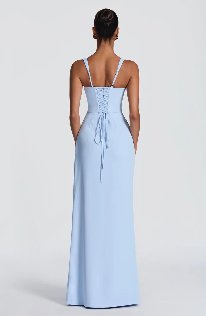 Elegancka sukienka maxi damska gorsetowa z rozcięciem - Gemma Side