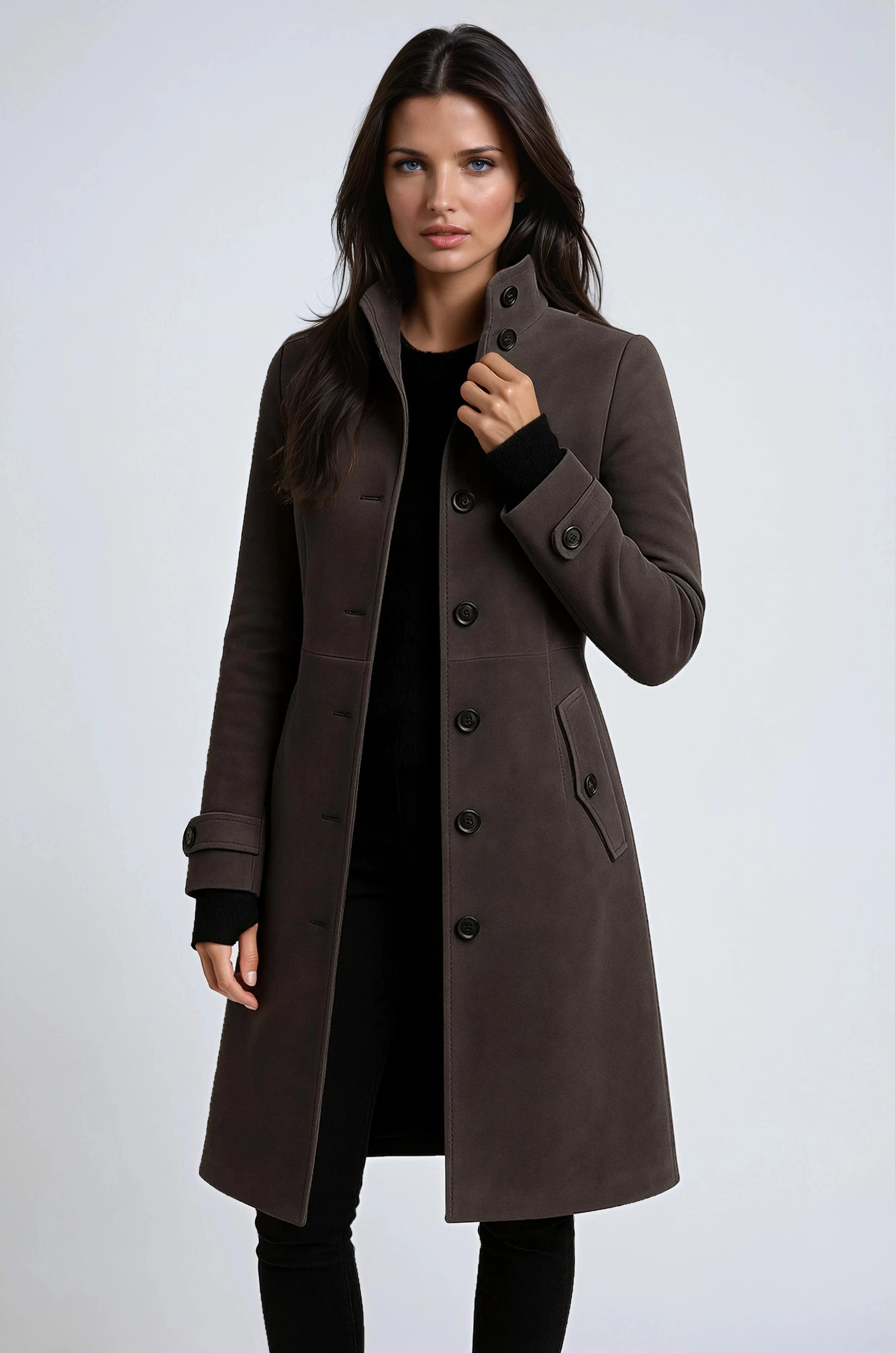 Elegancki zimowy trenchcoat damski z wysokim kołnierzem - Alina Detail