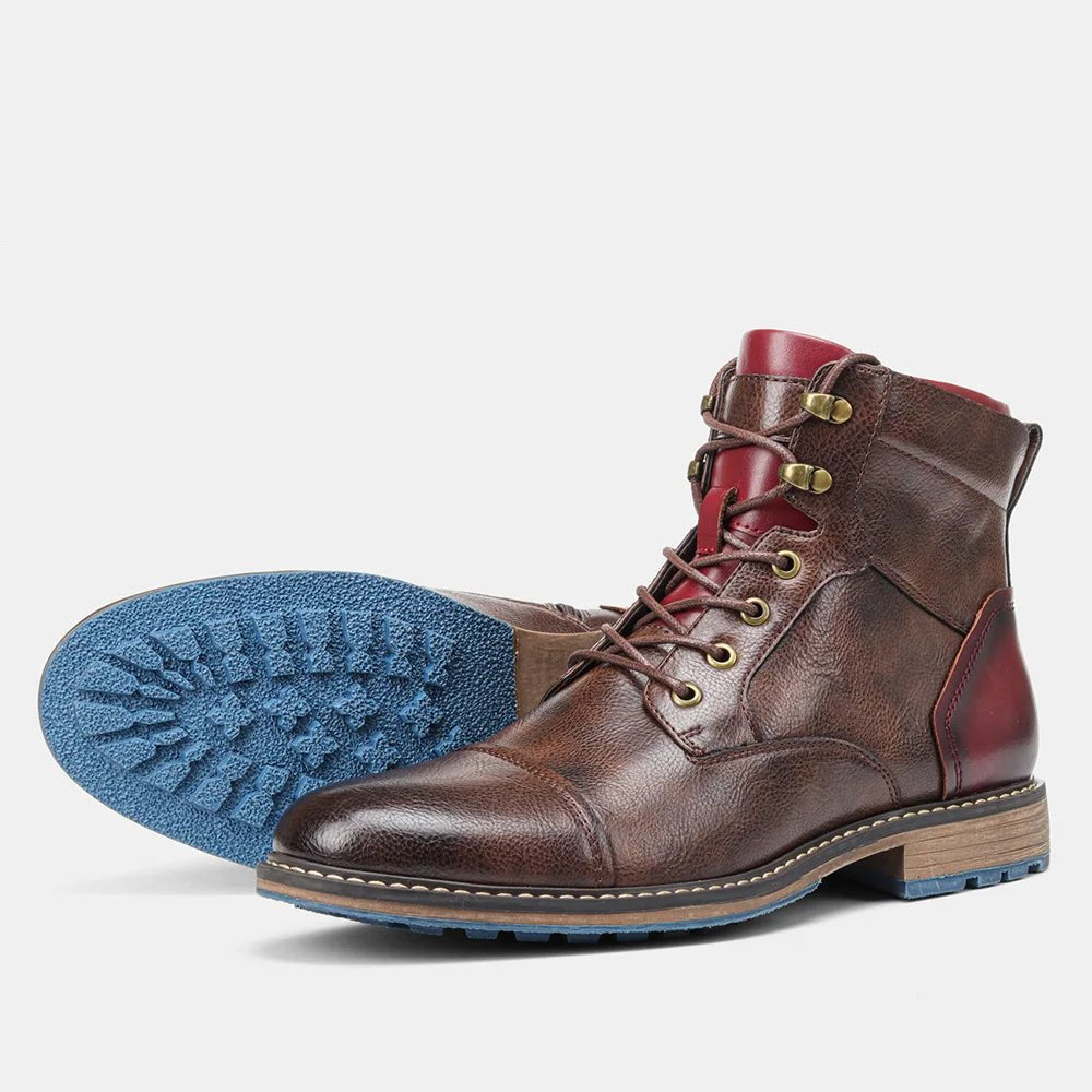 Eleganckie skórzane buty zimowe męskie z czerwoną podszewką - Owen Close Up