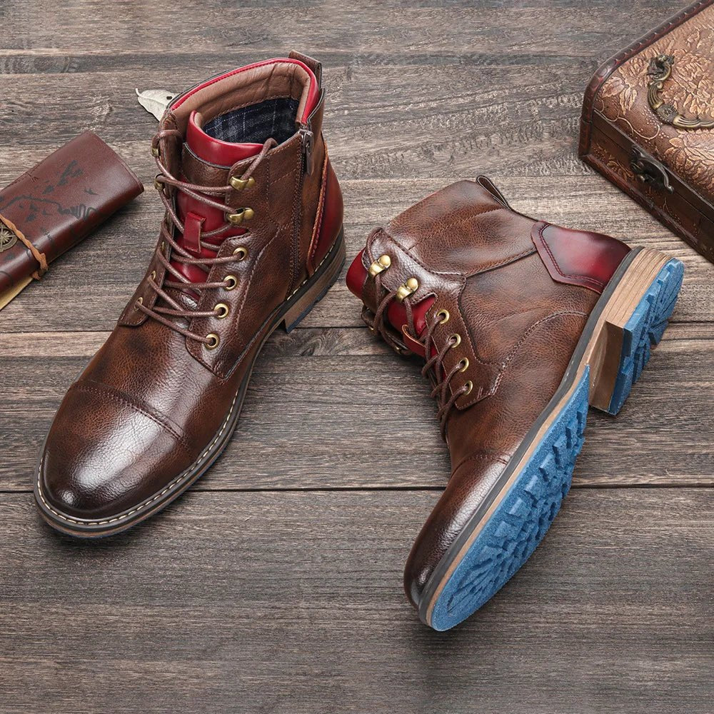 Eleganckie skórzane buty zimowe męskie z czerwoną podszewką - Owen Front