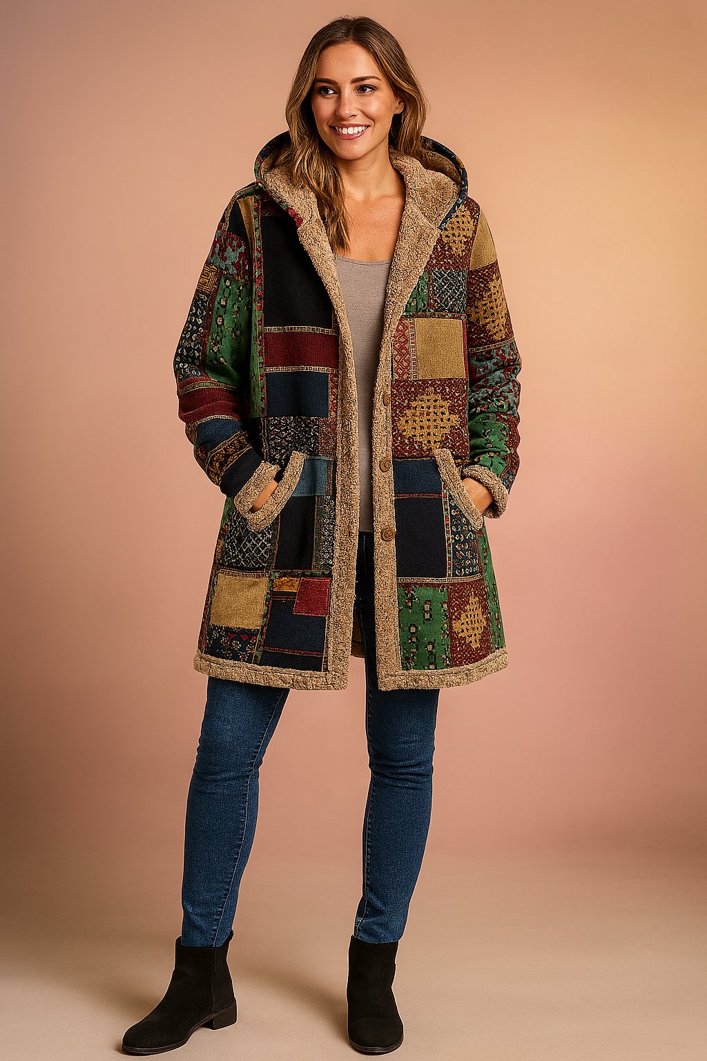 Stylowa długa kurtka damska patchwork z kapturem - Freya Front
