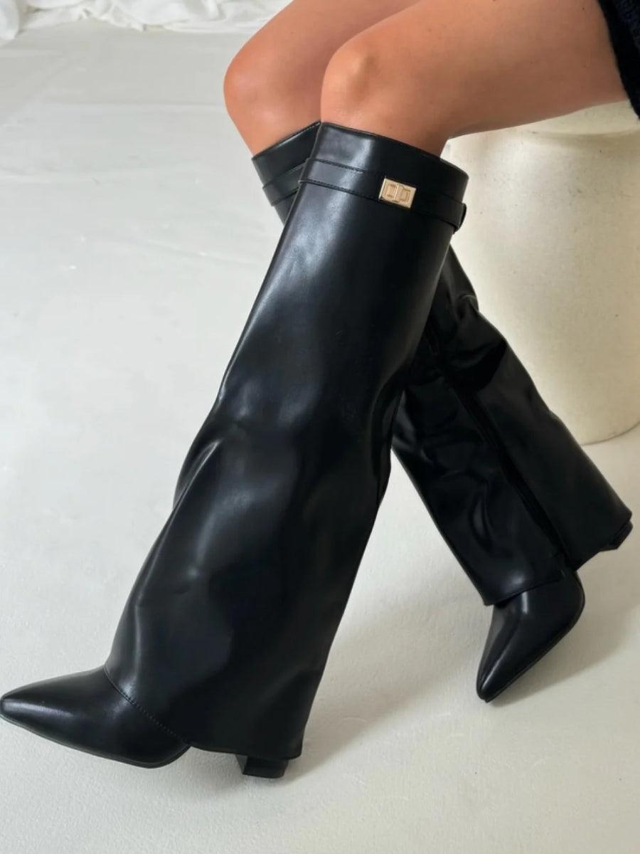 Buty Zimowe Damskie Kozaki Do Kolana Z Rozszerzaną Cholewką | Obcas Słupek Szpiczasty Nosek