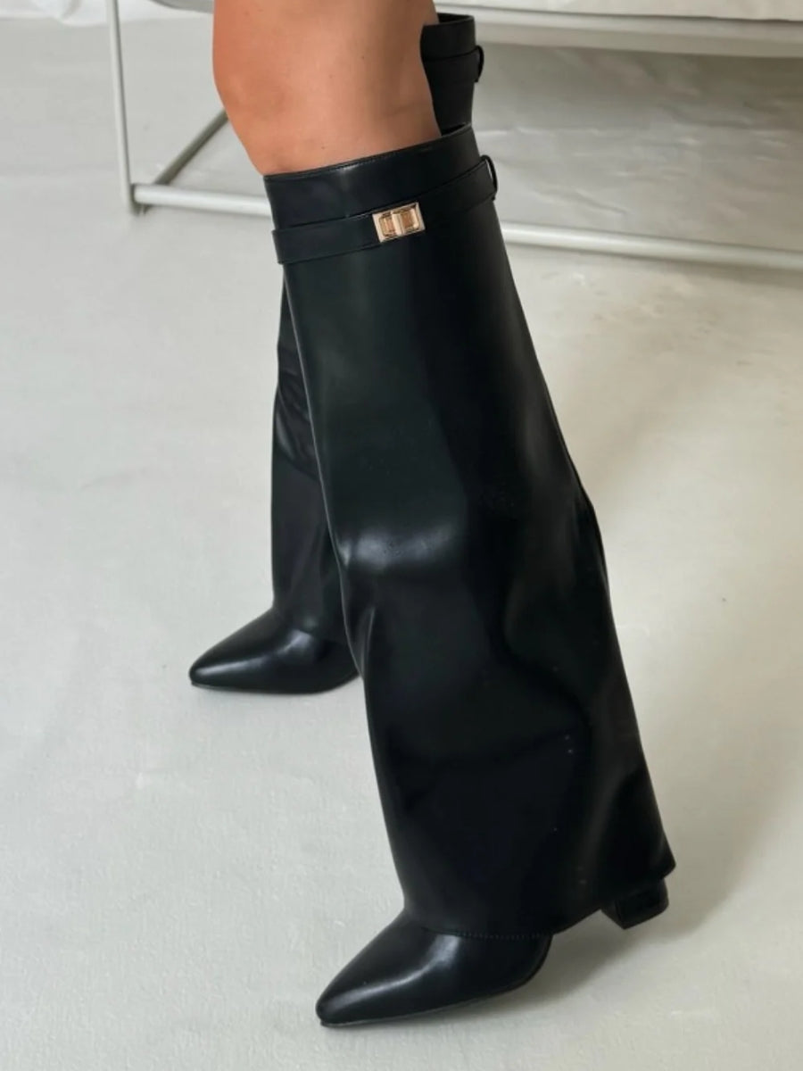 Buty Zimowe Damskie Kozaki Do Kolana Z Rozszerzaną Cholewką | Obcas Słupek Szpiczasty Nosek