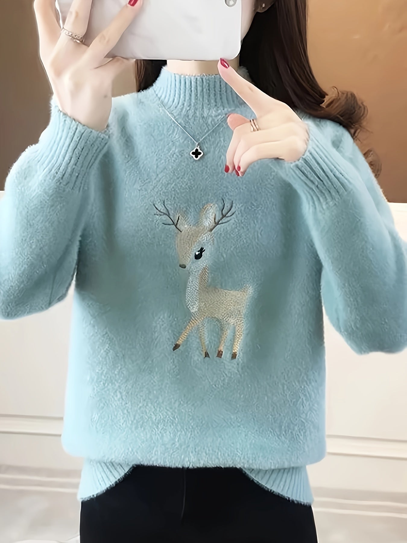 Sweter Świąteczny Damski | Półgolf Z Motywem Renifera