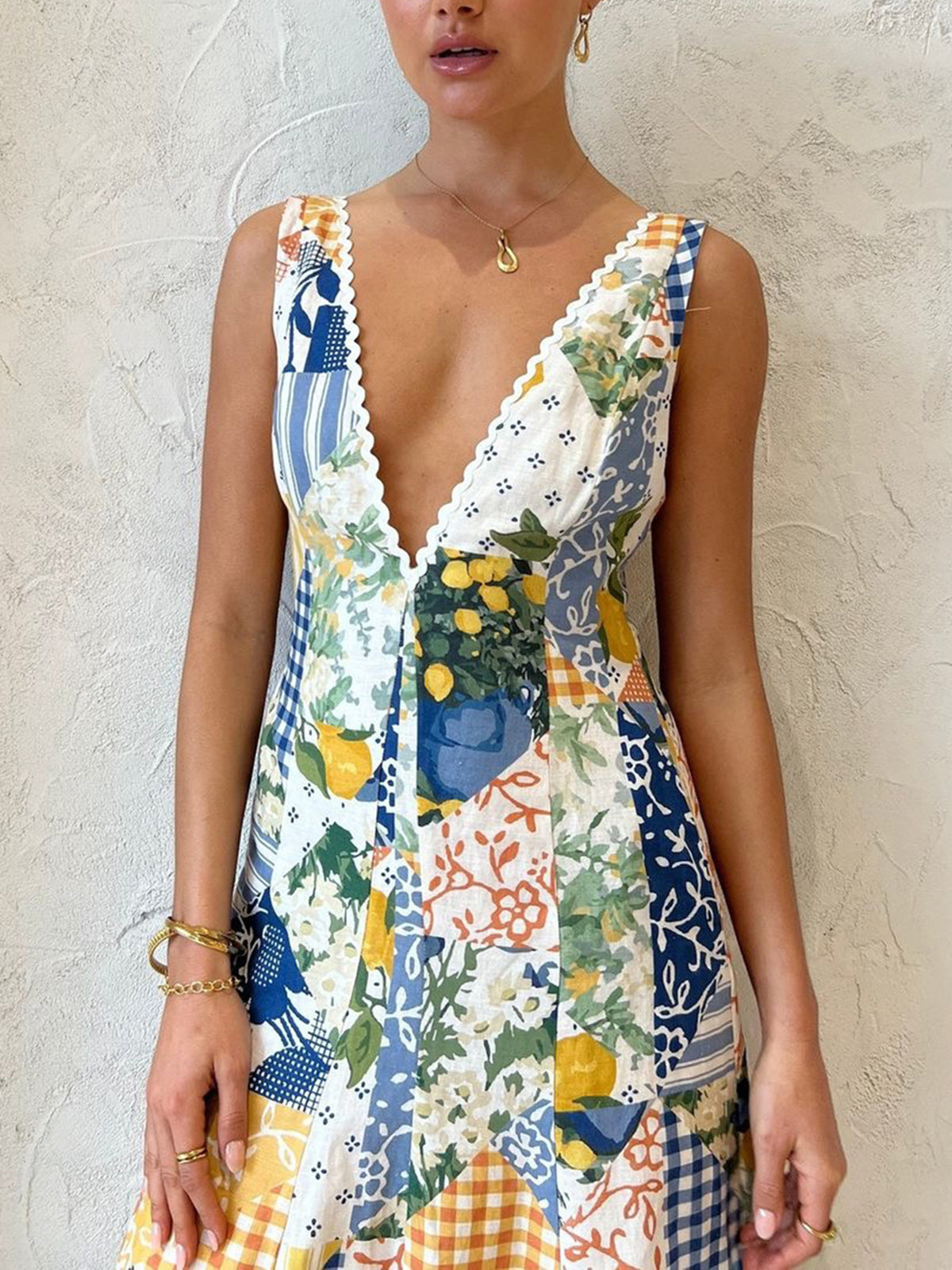 Damska Sukienka Maxi Boho Patchwork Z Głębokim Dekoltem W Serek I Odkrytymi Plecami