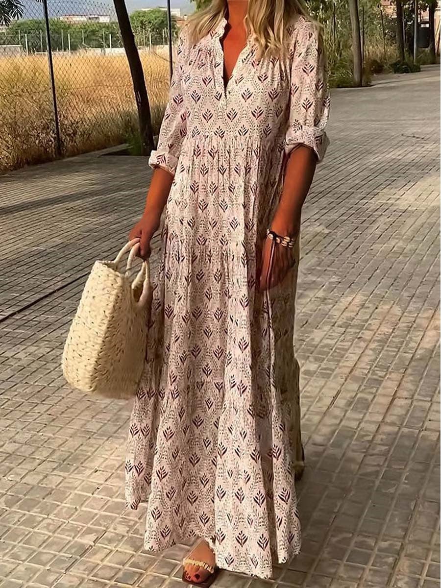 Damska Sukienka Maxi Boho Z Rękawem Trzy Czwarte I Wzorem Print