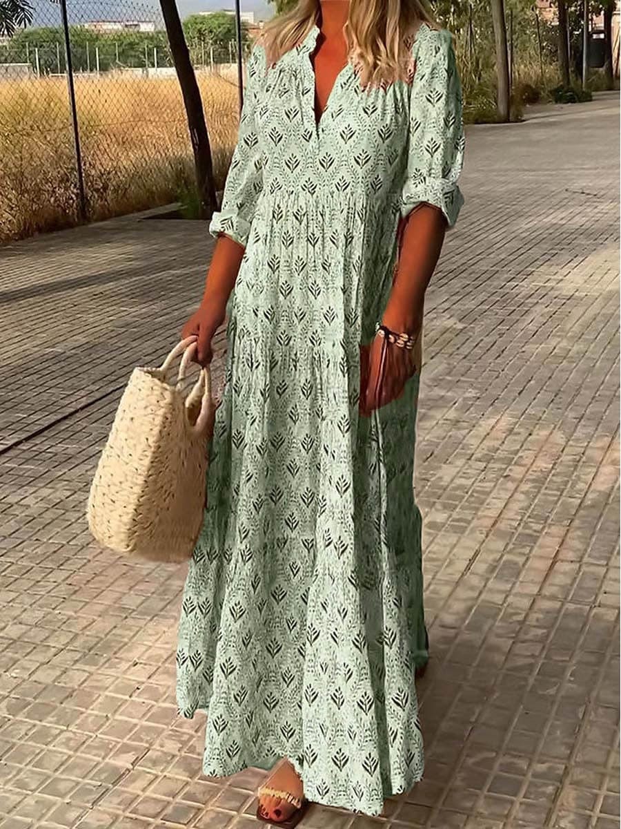 Damska Sukienka Maxi Boho Z Rękawem Trzy Czwarte I Wzorem Print