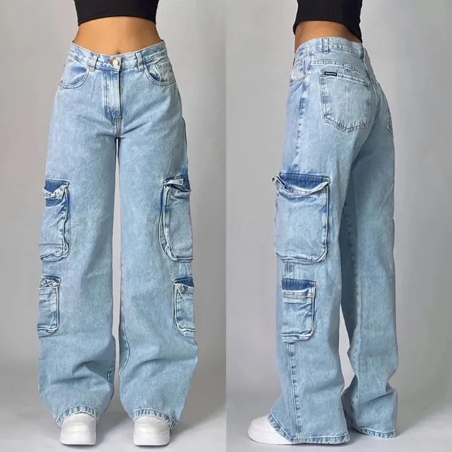 Denimu jeansy cargo szeroka nogawka