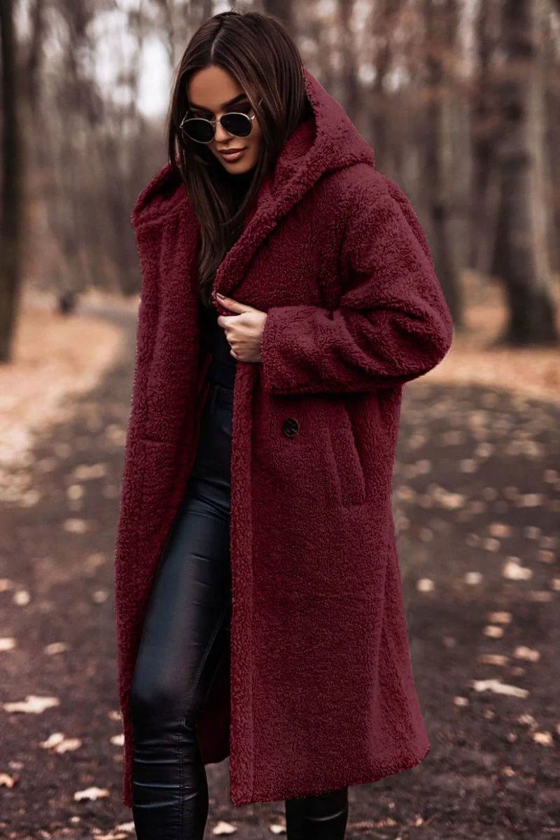 Długi polarowy płaszcz teddy damski z kapturem - Elodie Alternate