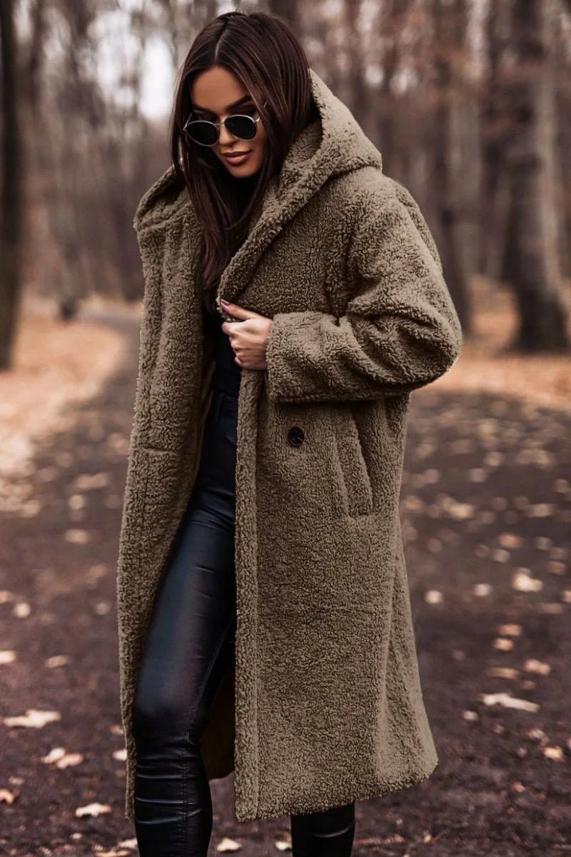 Długi polarowy płaszcz teddy damski z kapturem - Elodie Angle