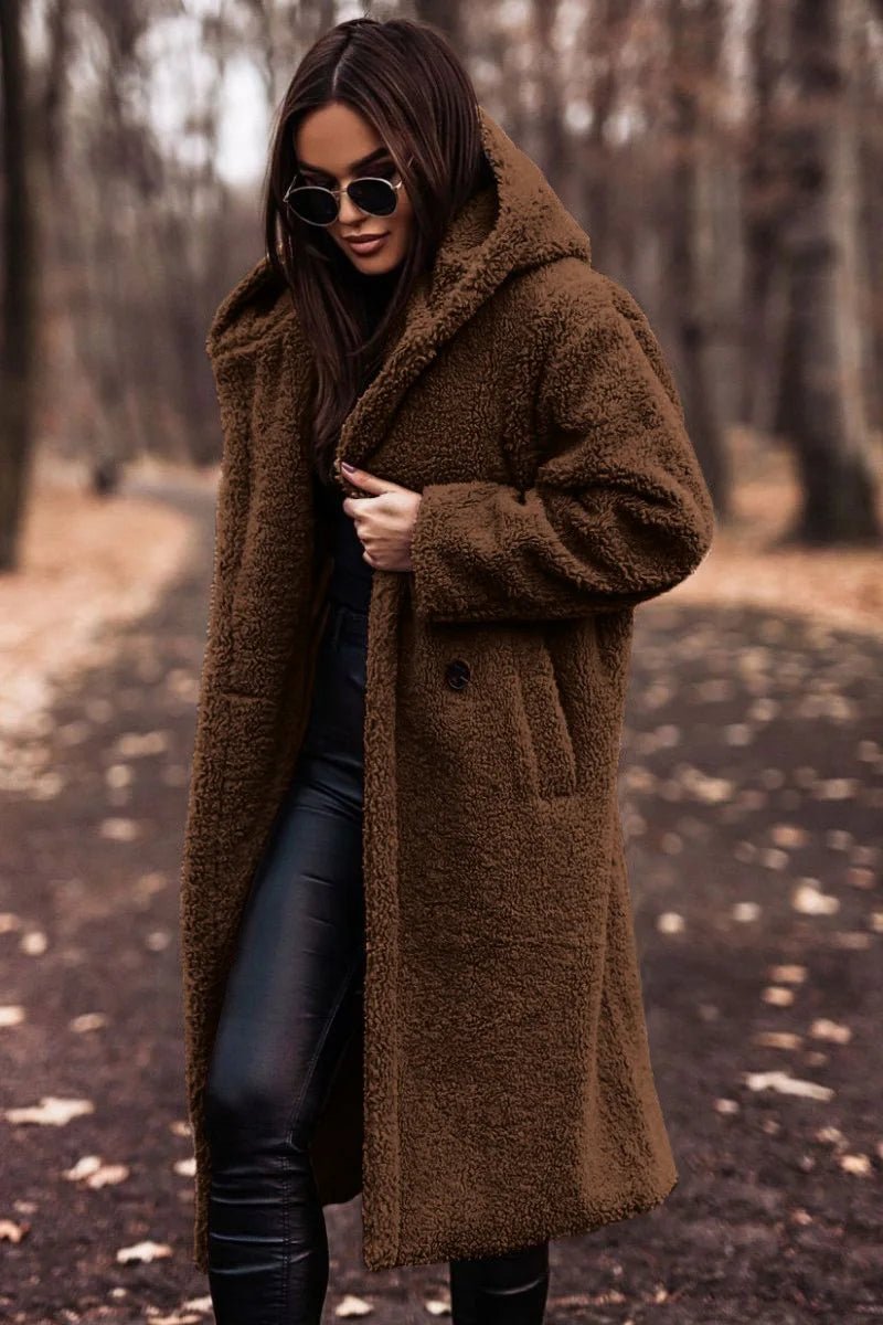Długi polarowy płaszcz teddy damski z kapturem - Elodie Lifestyle