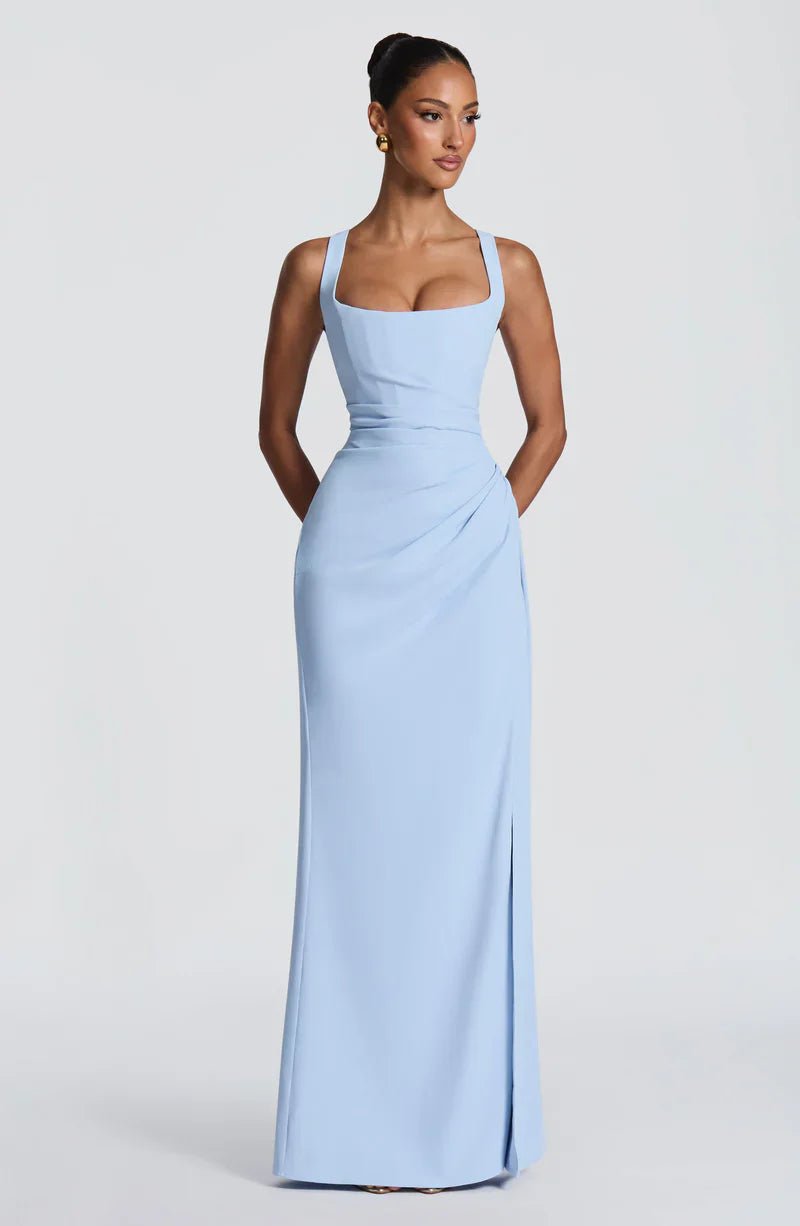 Elegancka sukienka maxi damska gorsetowa z rozcięciem - Gemma Front