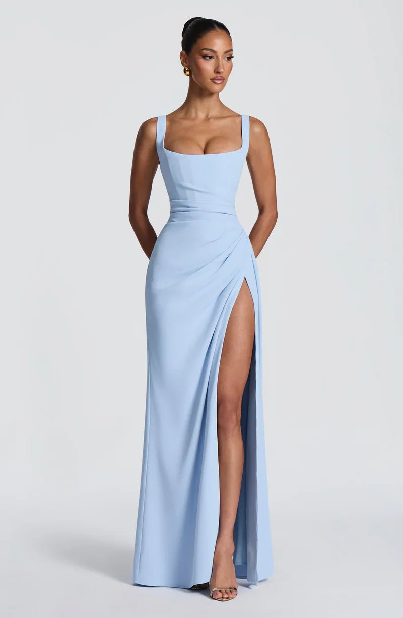 Elegancka sukienka maxi damska gorsetowa z rozcięciem - Gemma Hero