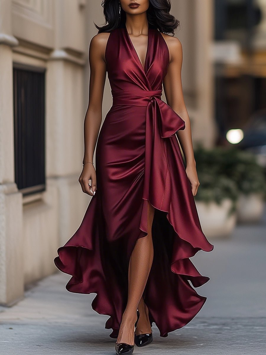 Elegancka sukienka maxi kopertowa z asymetrycznym dołem - Violet Angle