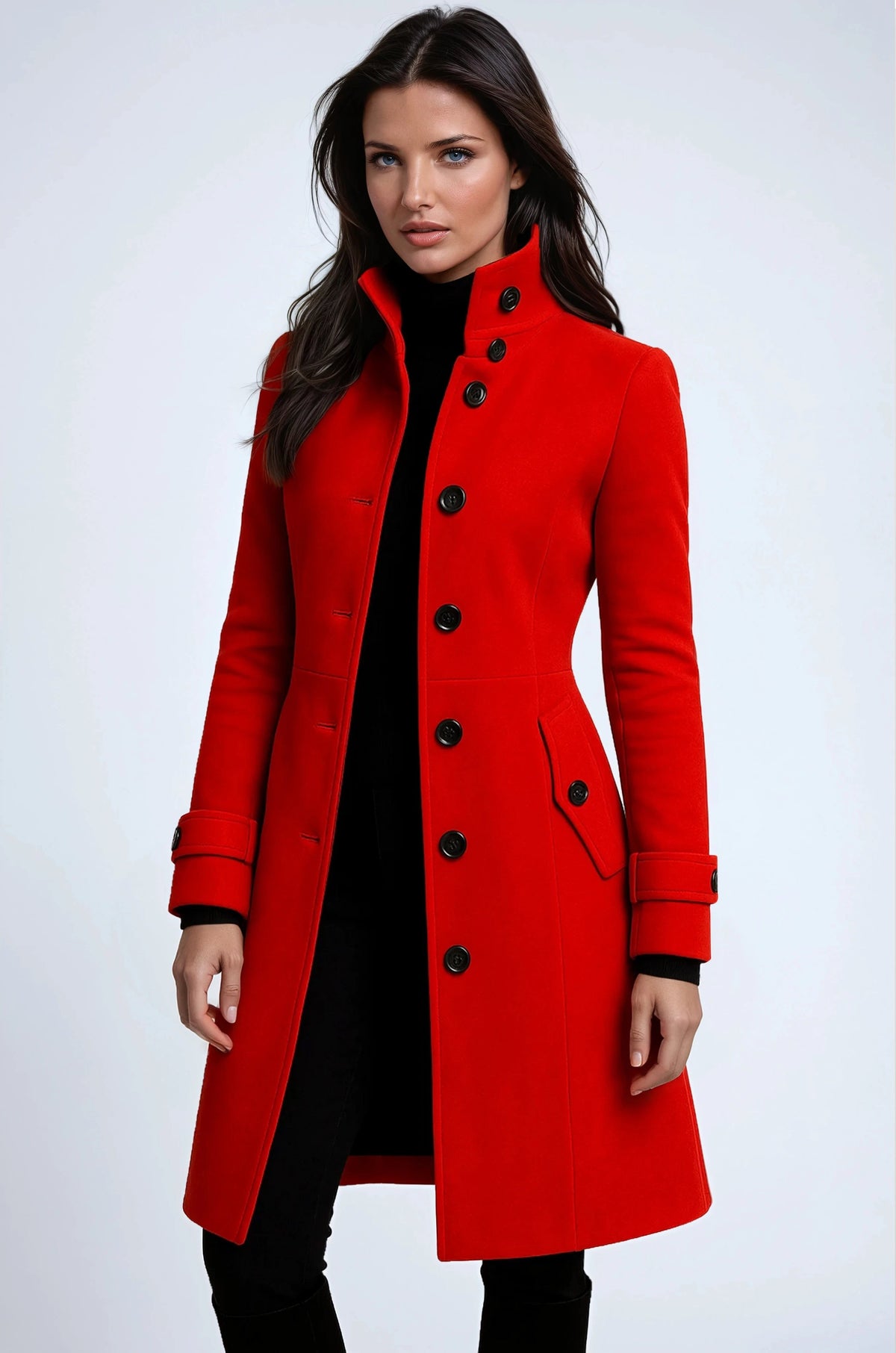 Elegancki zimowy trenchcoat damski z wysokim kołnierzem - Alina Front