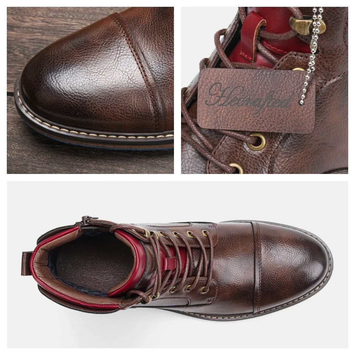 Eleganckie skórzane buty zimowe męskie z czerwoną podszewką - Owen Detail