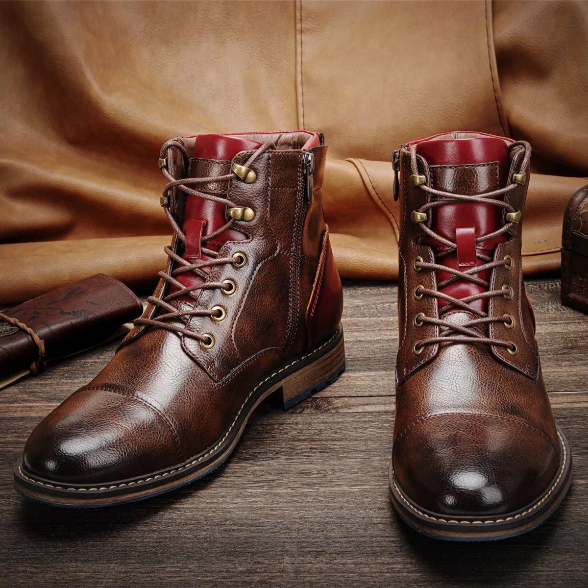 Eleganckie skórzane buty zimowe męskie z czerwoną podszewką - Owen Hero