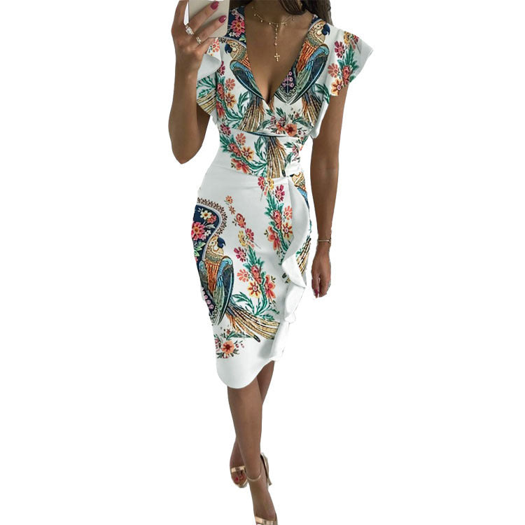 Damska Elegancka Sukienka Midi Bodycon I Falbankowymi Rękawkami