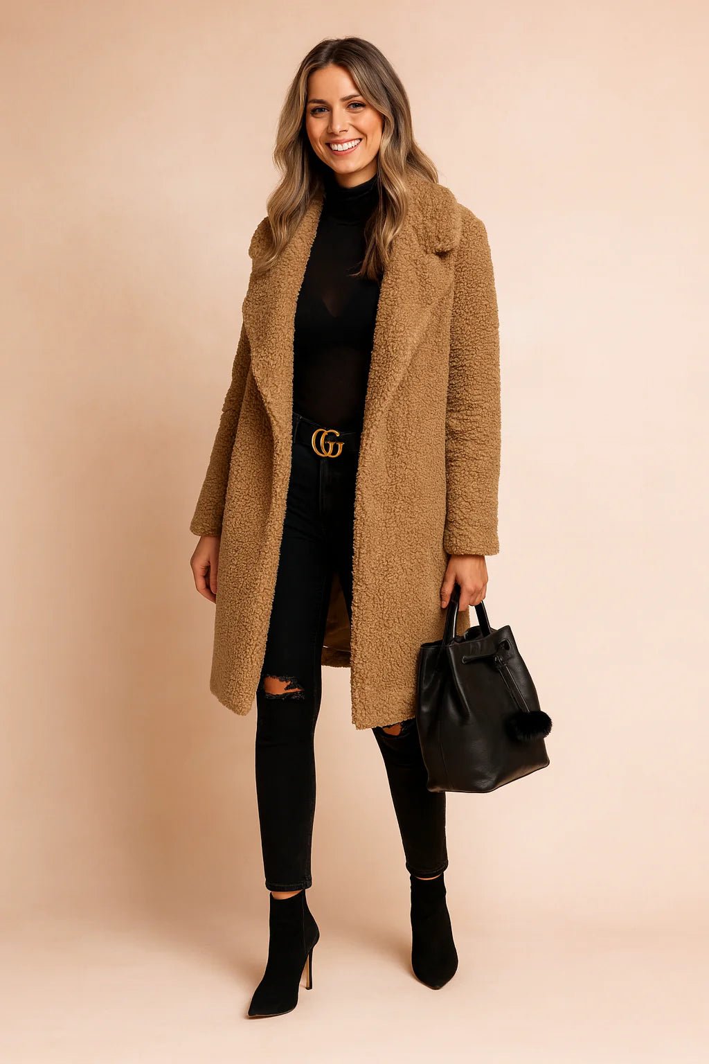 Miękki długi sweter damski z kołnierzem teddy - Elodie Alternate