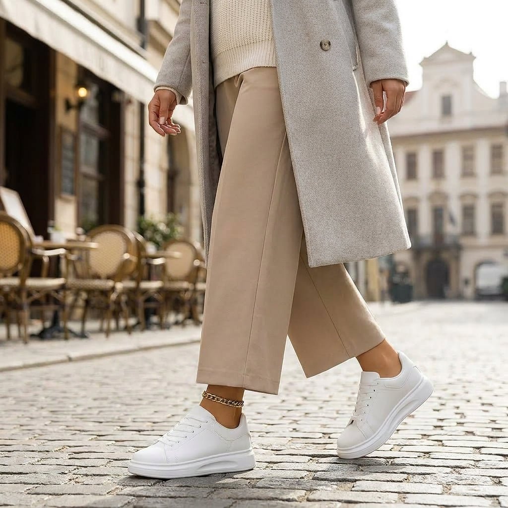 Minimalistyczne białe skórzane sneakersy damskie na platformie - Vera Front