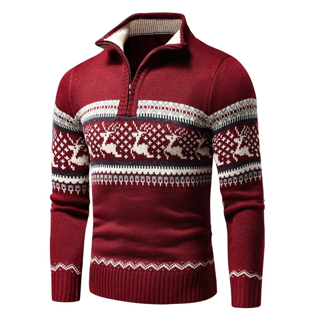 Sweter męski z zimowym wzorem i kołnierzem na zamek - Felix Detail